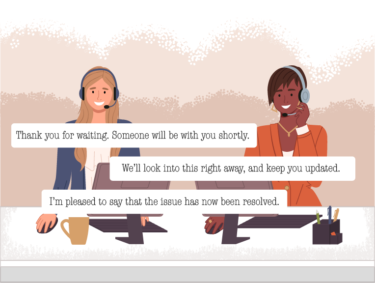 two customer support agents and some example canned responses illustration