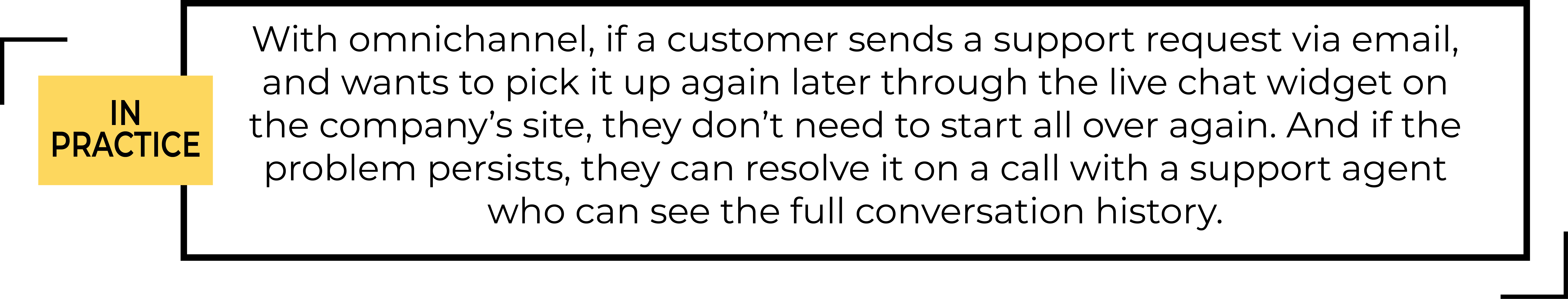 Quote explaining how Omnichannel works: With omnichannel, if a customer sends a support request via email, and wants to pick it up again later through the live chat widget on the company’s site, they don’t need to start all over again. And if the problem persists, they can resolve it on a call with a support agent who can see the full conversation history. 